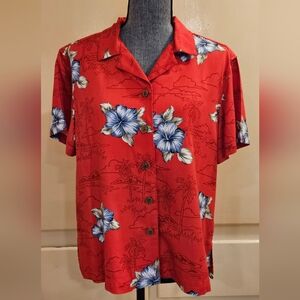 Caribbean Joe Women’s Hawaiian Button-Up Shirt – Red Tropical Floral – Size L